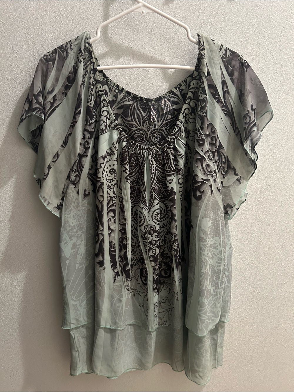 Sami & Jo Mint Green Sheer Printed Flutter-Sleeve Blouse